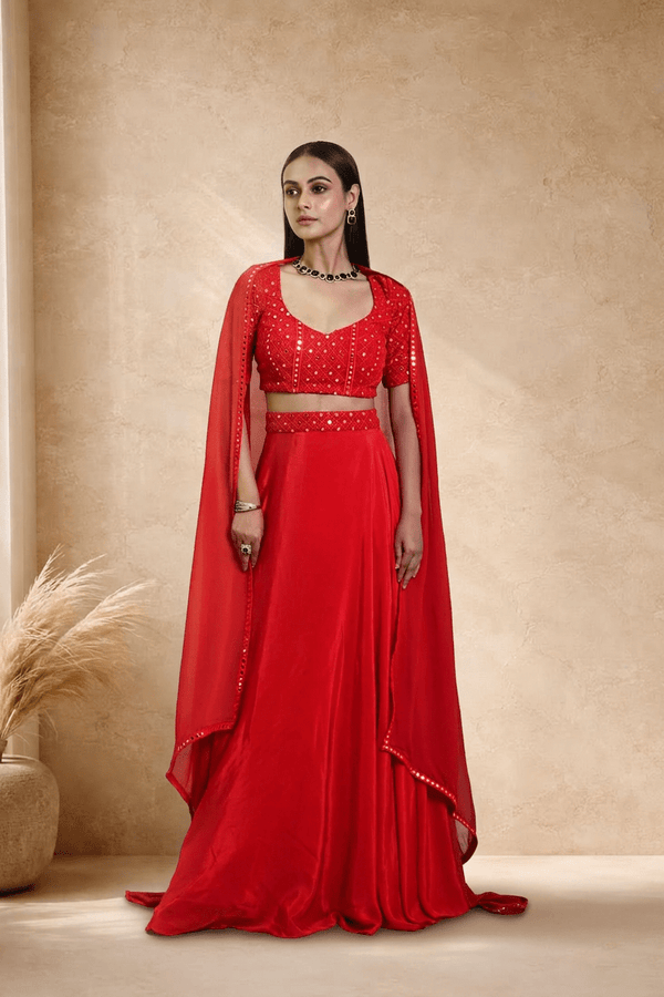 Red Satin Silk Bridal Lehenga Set with Mirror work - Anvi Couture