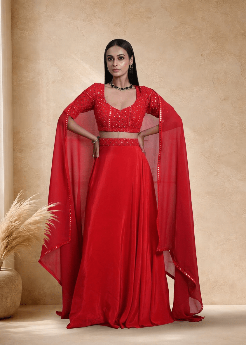 Red Satin Silk Bridal Lehenga Set with Mirror work - Anvi Couture