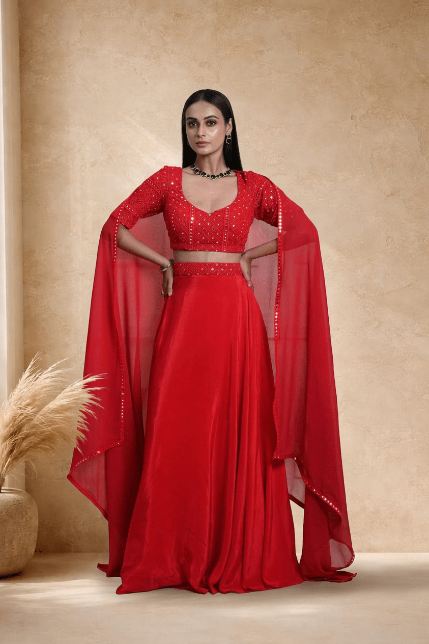 Red Satin Silk Bridal Lehenga Set with Mirror work - Anvi Couture