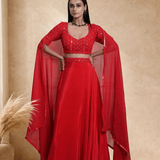 Red Satin Silk Bridal Lehenga Set with Mirror work - Anvi Couture
