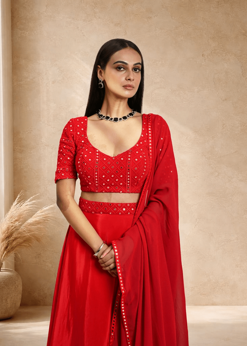 Red Satin Silk Bridal Lehenga Set with Mirror work - Anvi Couture