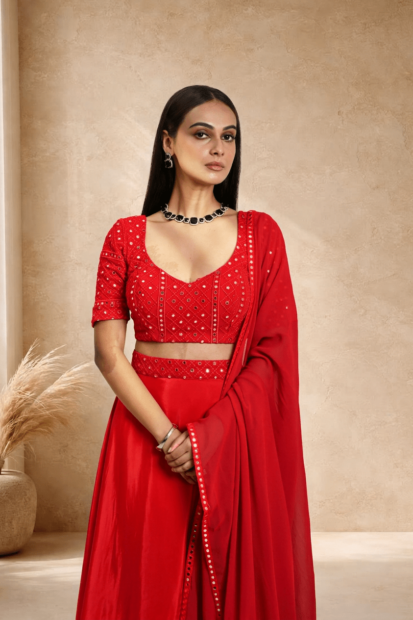 Red Satin Silk Bridal Lehenga Set with Mirror work - Anvi Couture