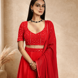 Red Satin Silk Bridal Lehenga Set with Mirror work - Anvi Couture