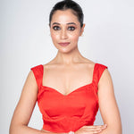 Red Sleeveless Cotton Silk Sweetheart Neck Blouse With Deep V - Back Closure - Anvi Couture