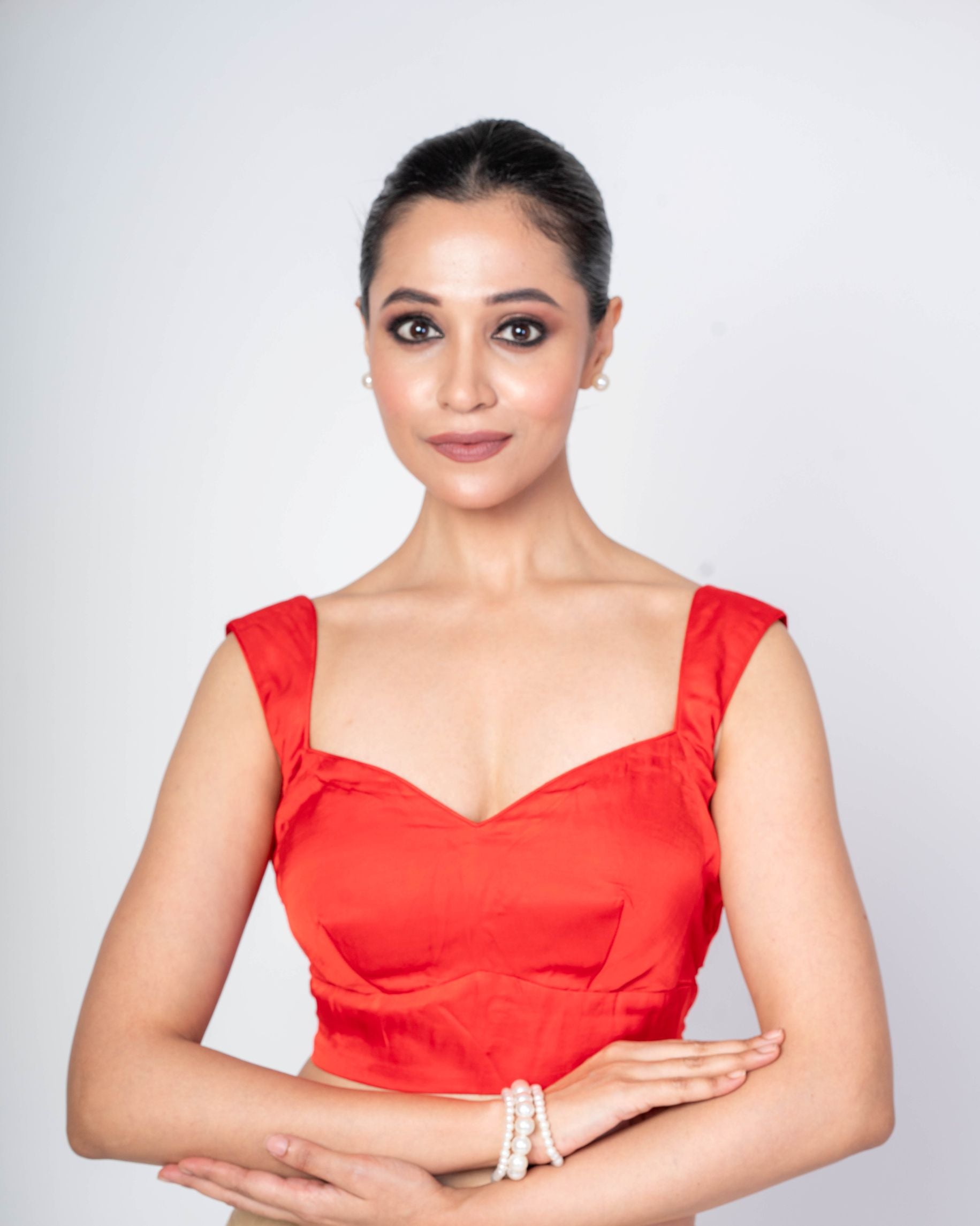 Bright Red Sleeveless Cotton Silk Sweetheart Neck Blouse with Deep V - Back Closure 