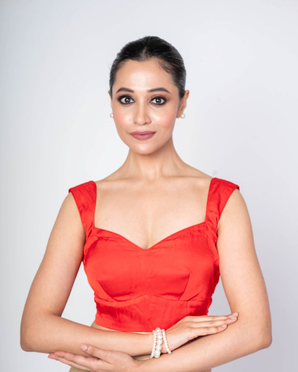 "Red Sleeveless Cotton Silk Sweetheart Neck Blouse With Deep V-Back Closure