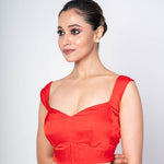 Red Sleeveless Cotton Silk Sweetheart Neck Blouse With Deep V - Back Closure - Anvi Couture