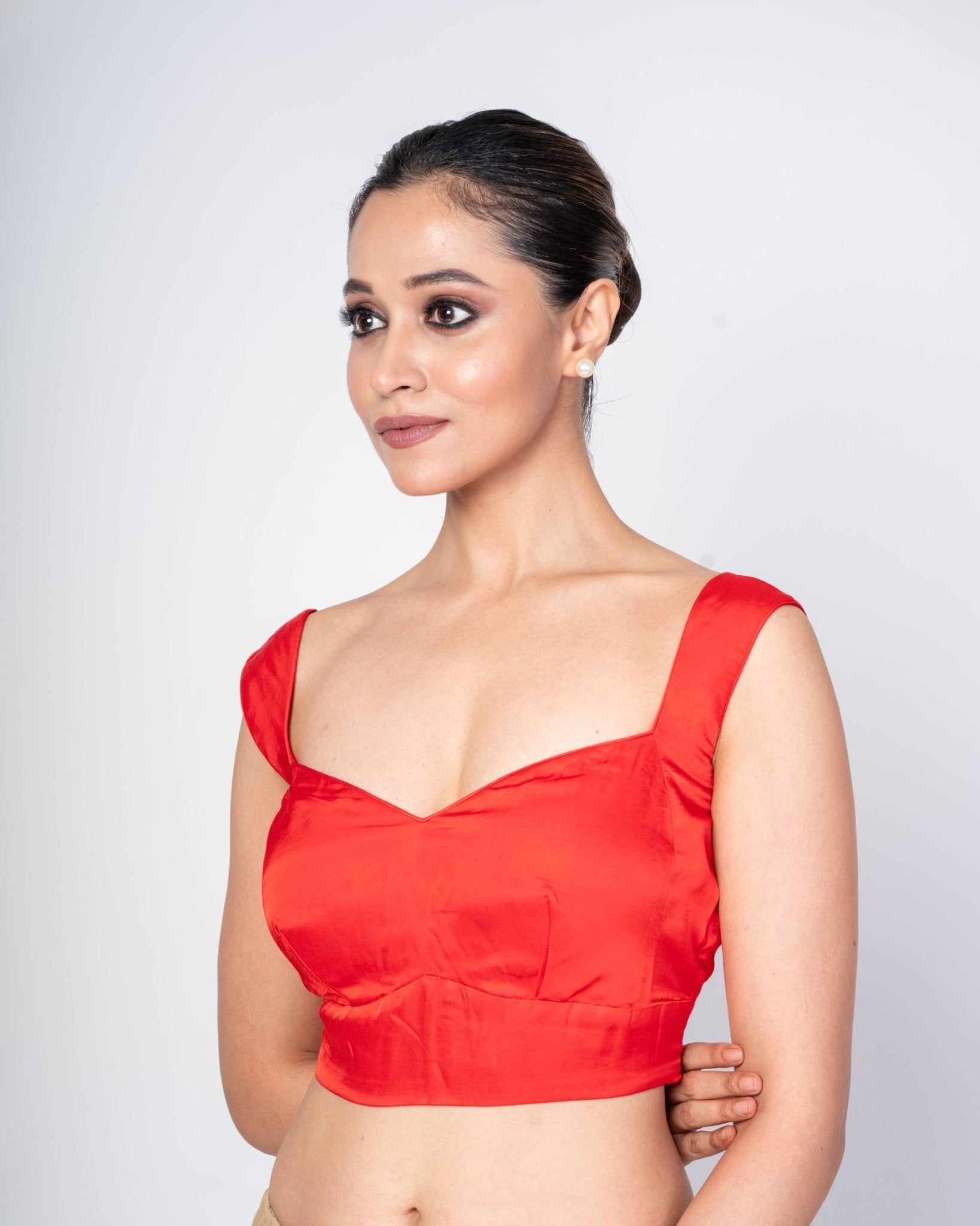 Red Sleeveless Cotton Silk Sweetheart Neck Blouse With Deep V - Back Closure - Anvi Couture