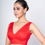 Red Sleeveless Cotton Silk V - Nack Blouse With V - Back Clouser - Anvi Couture