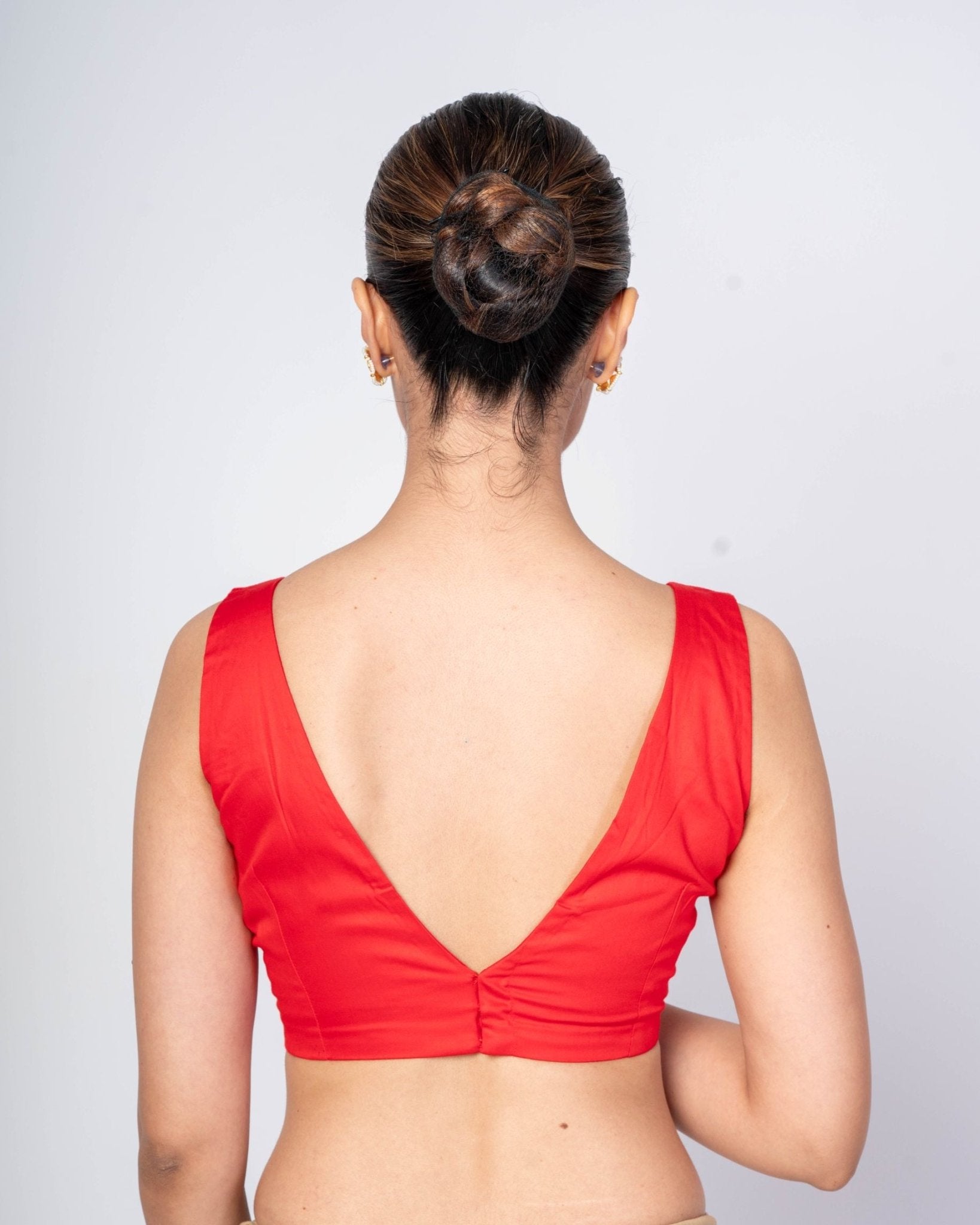 Red Sleeveless Cotton Silk V - Nack Blouse With V - Back Clouser - Anvi Couture