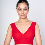 Red Sleeveless Cotton Silk V - Nack Blouse With V - Back Clouser - Anvi Couture