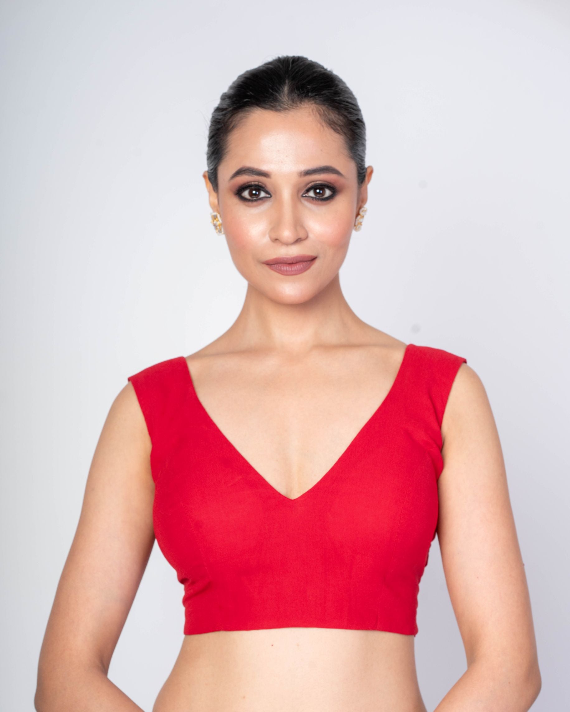 Red Sleeveless Cotton Silk V - Nack Blouse With V - Back Clouser - Anvi Couture