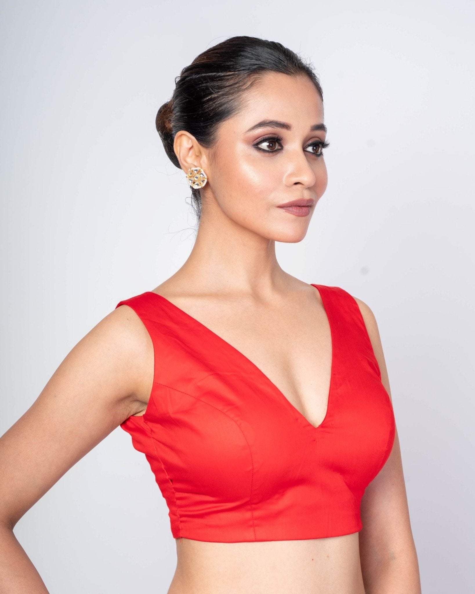 Red Sleeveless Cotton Silk V - Nack Blouse With V - Back Clouser - Anvi Couture