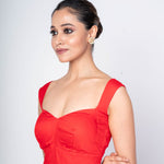 Modern Lightweight Red Silk Blouse with Sleeveless sweetheart Neckline design
