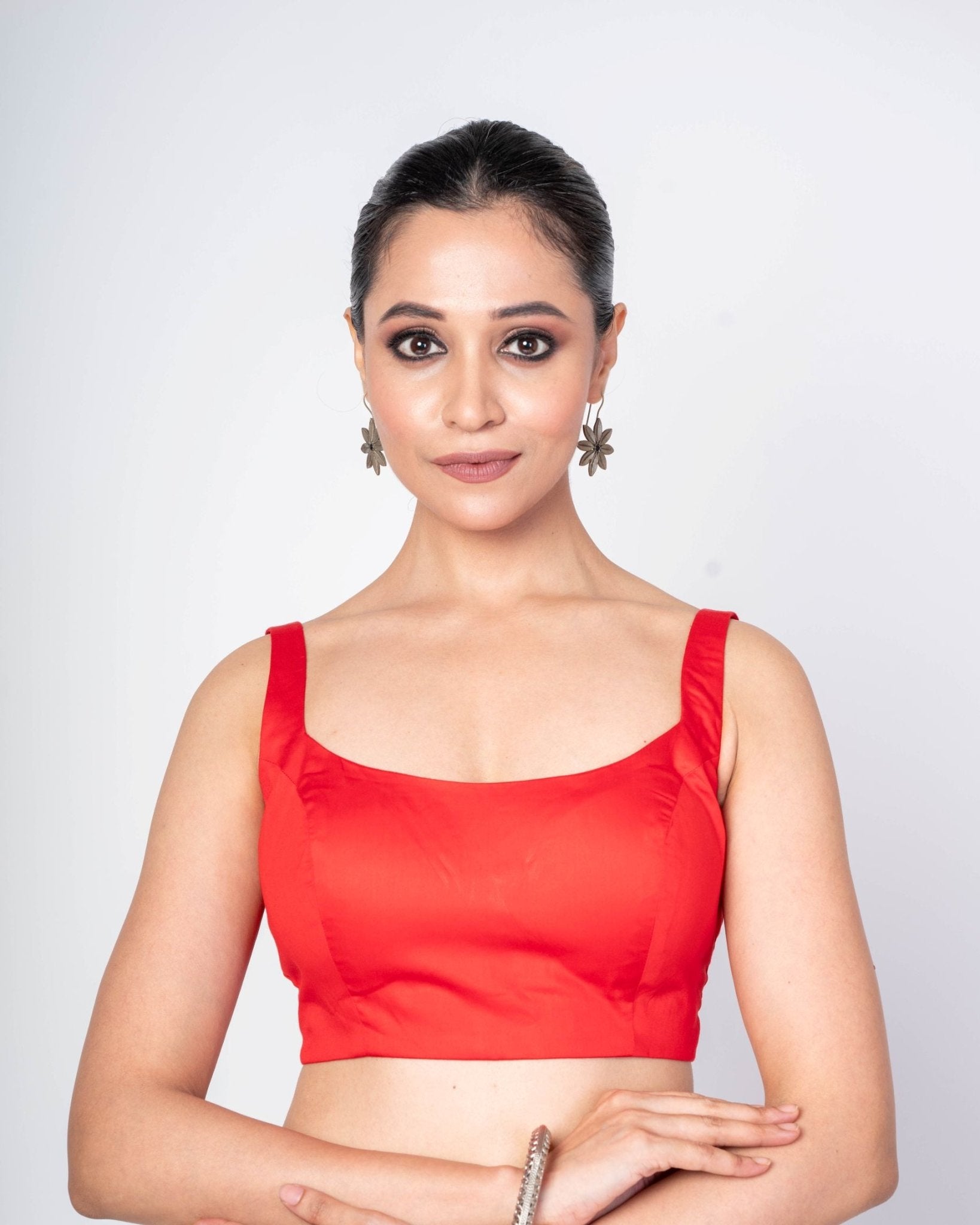 Red Sleeveless U - Neck Cotton Silk Blouse With Deep U - Back Closer - Anvi Couture