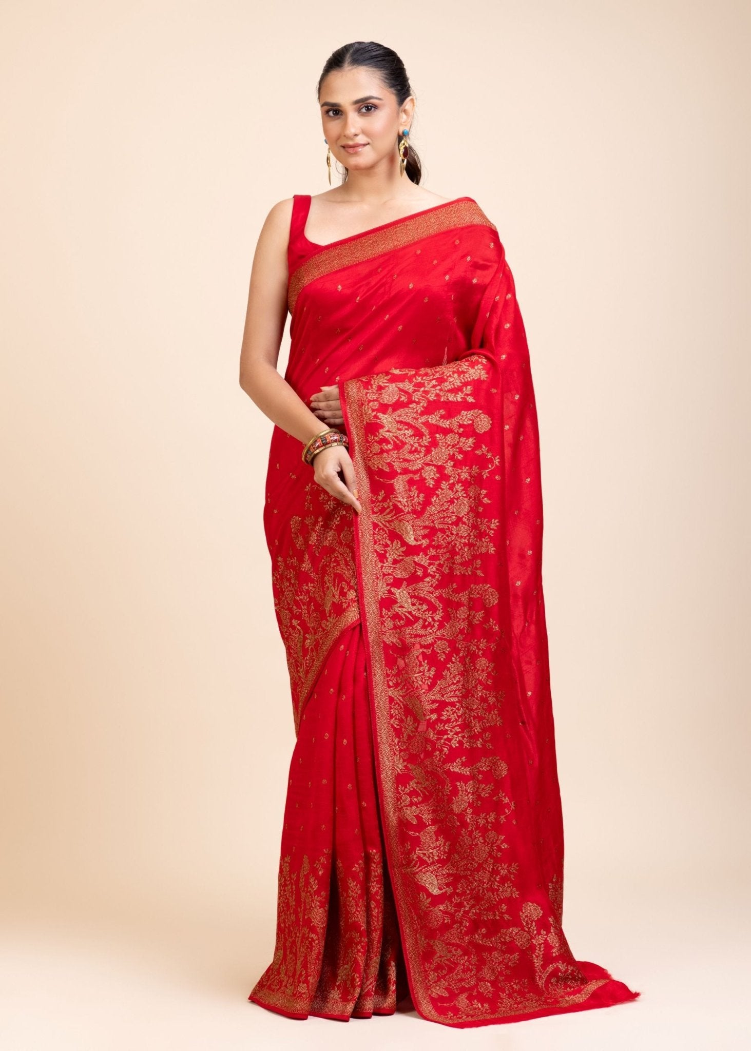 Red Soft Silk Saree Floral Woven Motifs - Anvi Couture