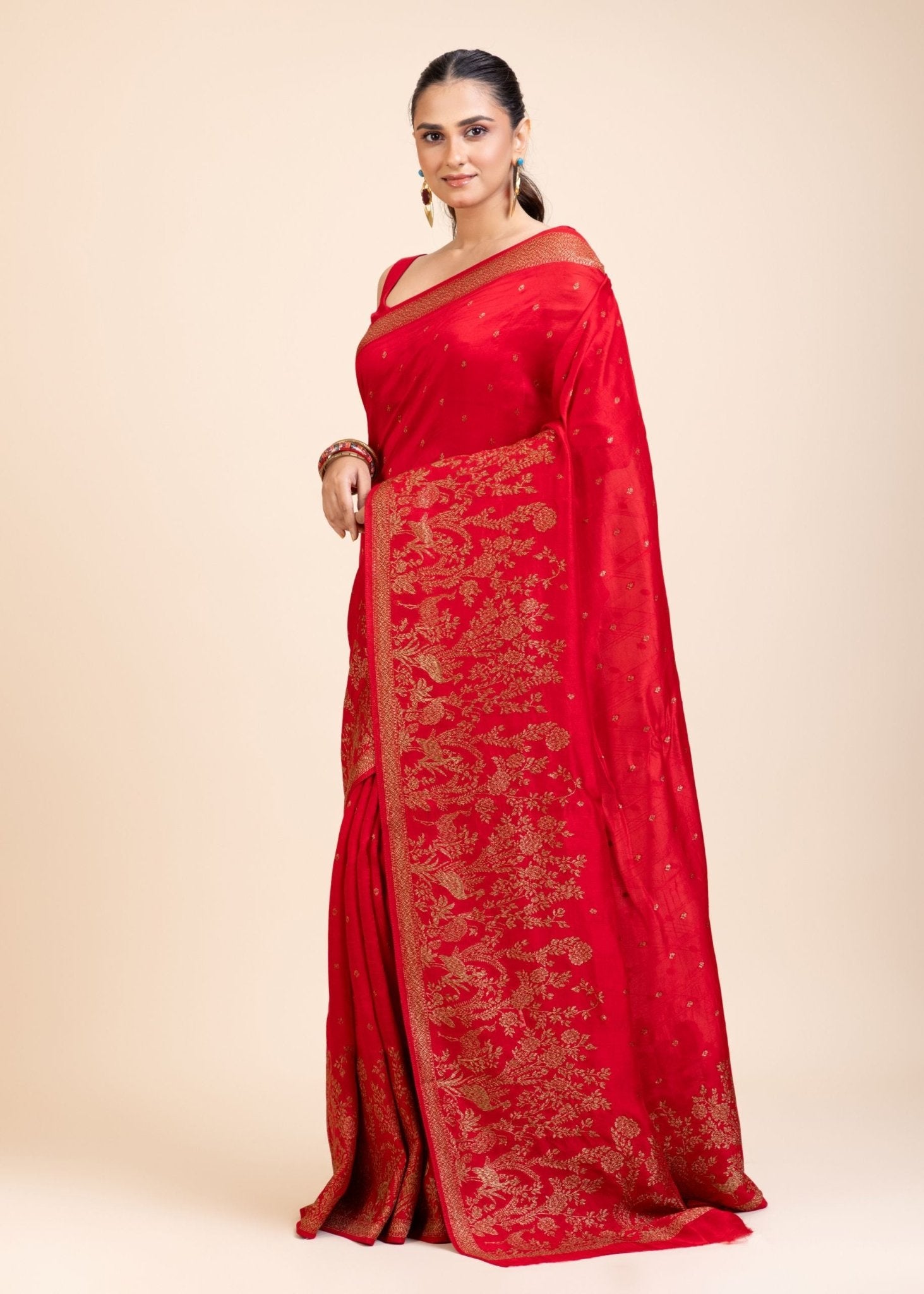 Red Soft Silk Saree Floral Woven Motifs - Anvi Couture