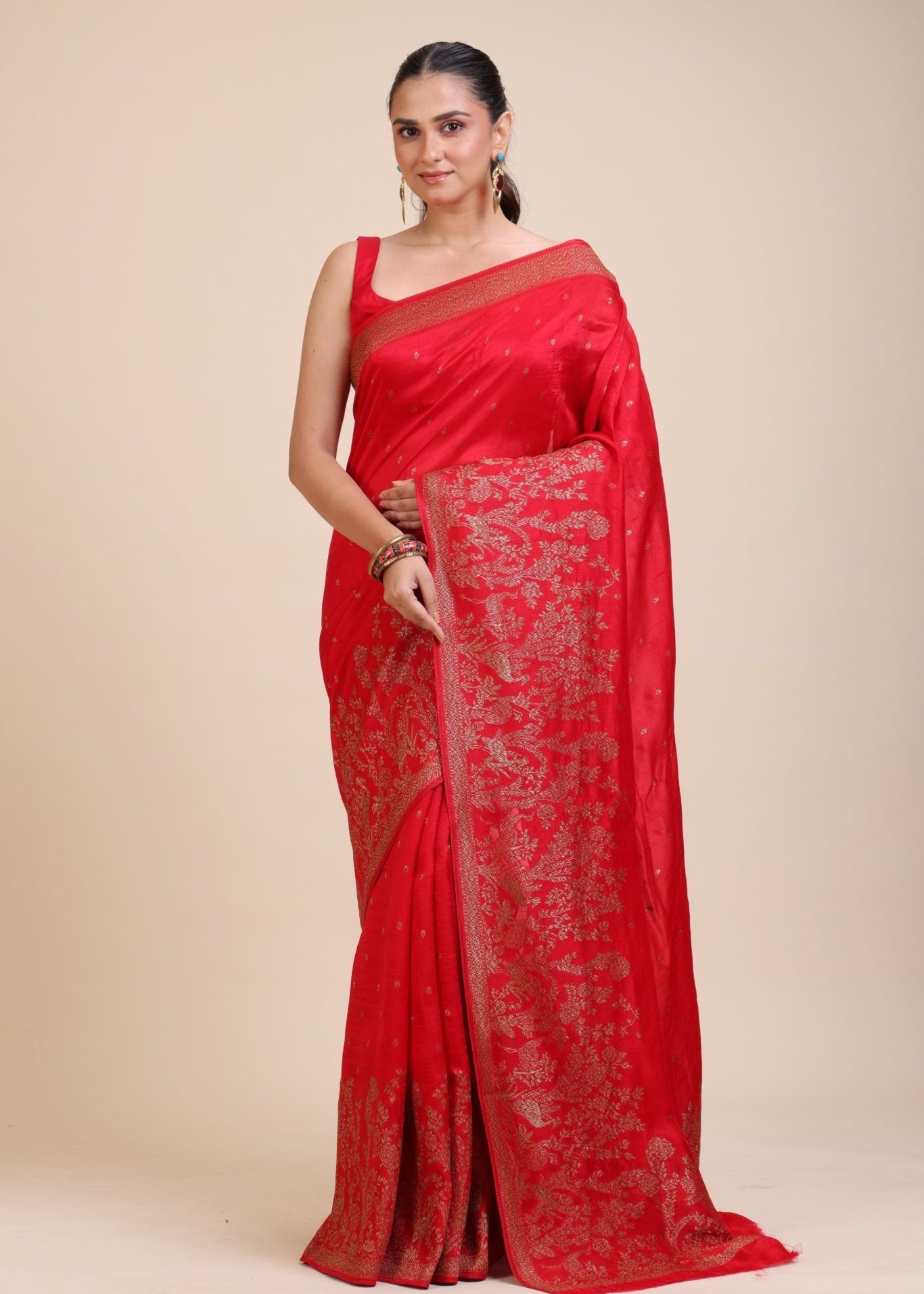 Red Soft Silk Saree Floral Woven Motifs - Anvi Couture