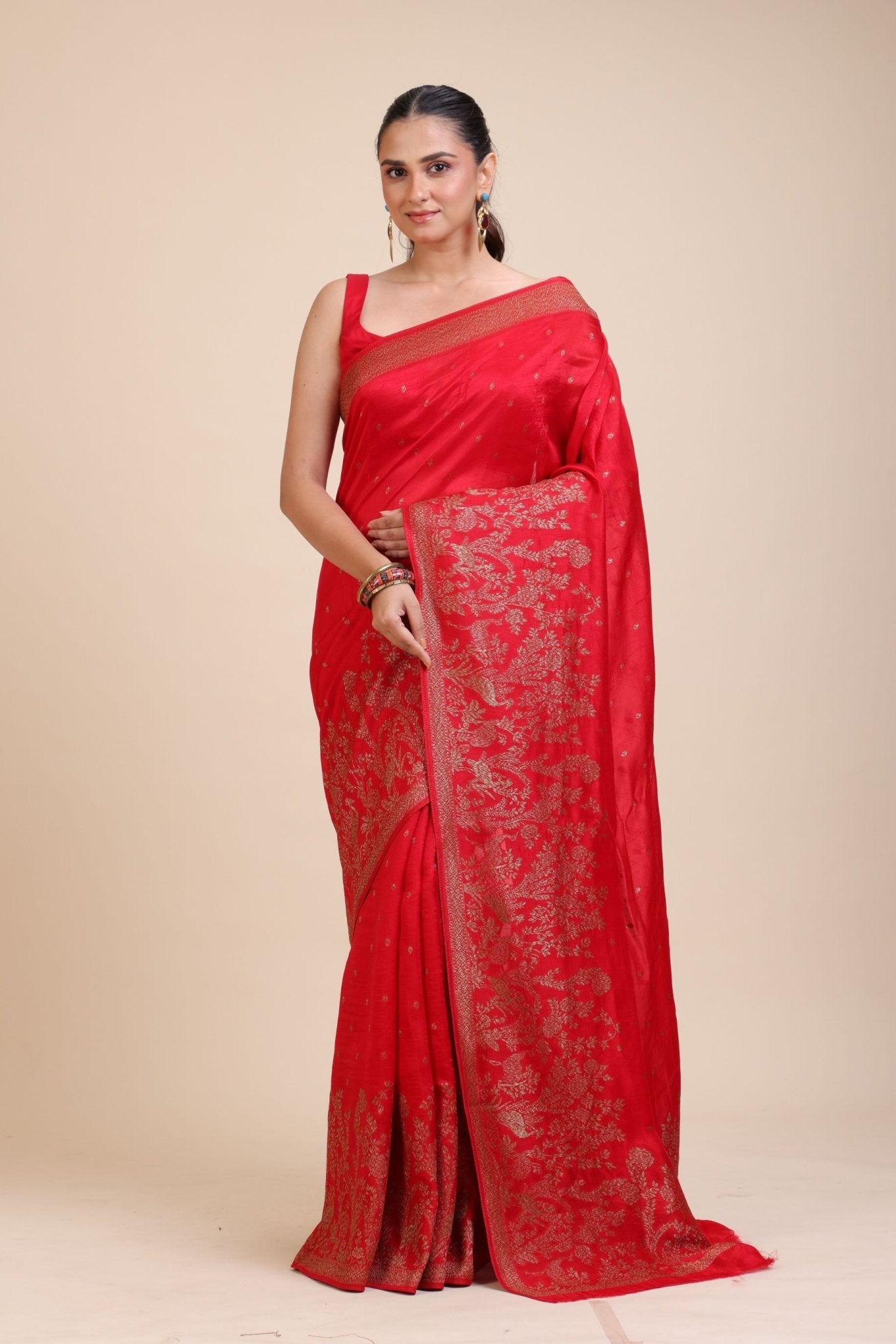 Red Soft Silk Saree Floral Woven Motifs - Anvi Couture
