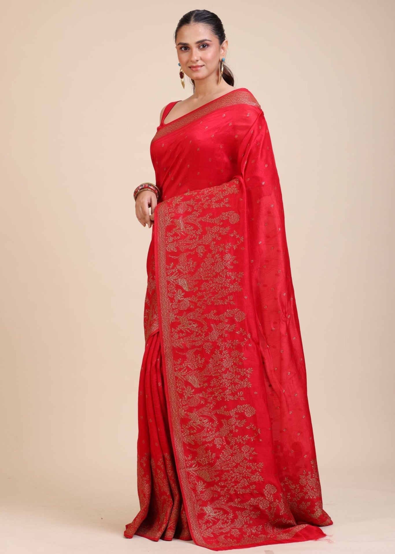 Red Soft Silk Saree Floral Woven Motifs - Anvi Couture
