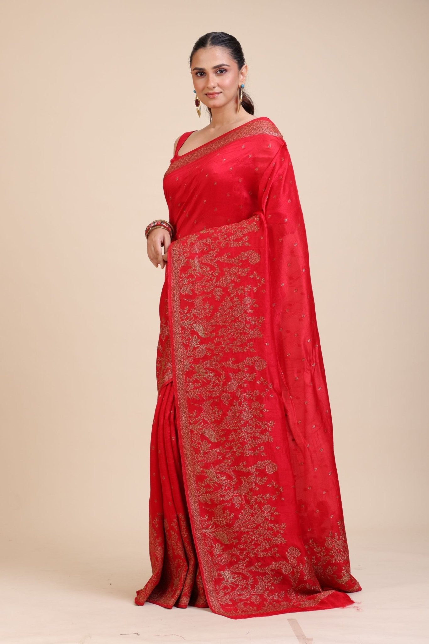 Red Soft Silk Saree Floral Woven Motifs - Anvi Couture