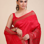 Red Soft Silk Saree Floral Woven Motifs Close Up
