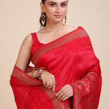 Red Soft Silk Saree Floral Woven Motifs Close Up
