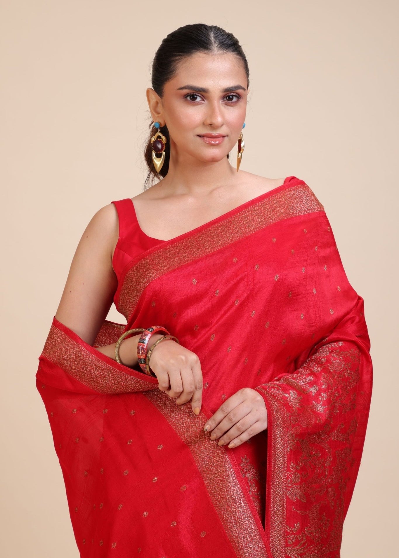 Red Soft Silk Saree Floral Woven Motifs - Anvi Couture