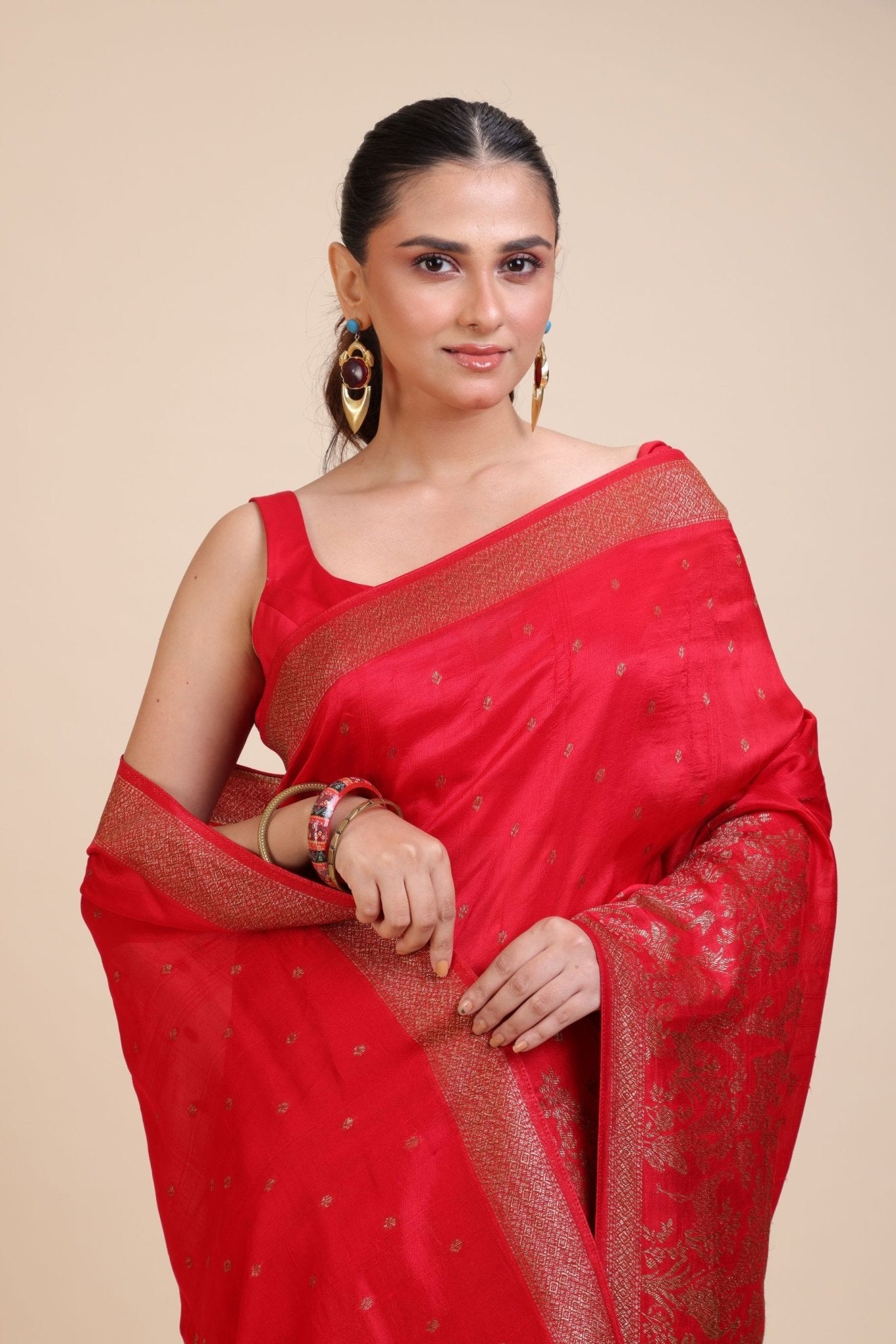 Red Soft Silk Saree Floral Woven Motifs - Anvi Couture