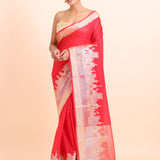 Red Soft Silk Saree With Golden Temple Border Front View