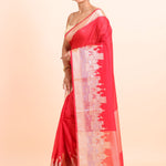 Red Soft Silk Saree With Golden Temple Border Side View
