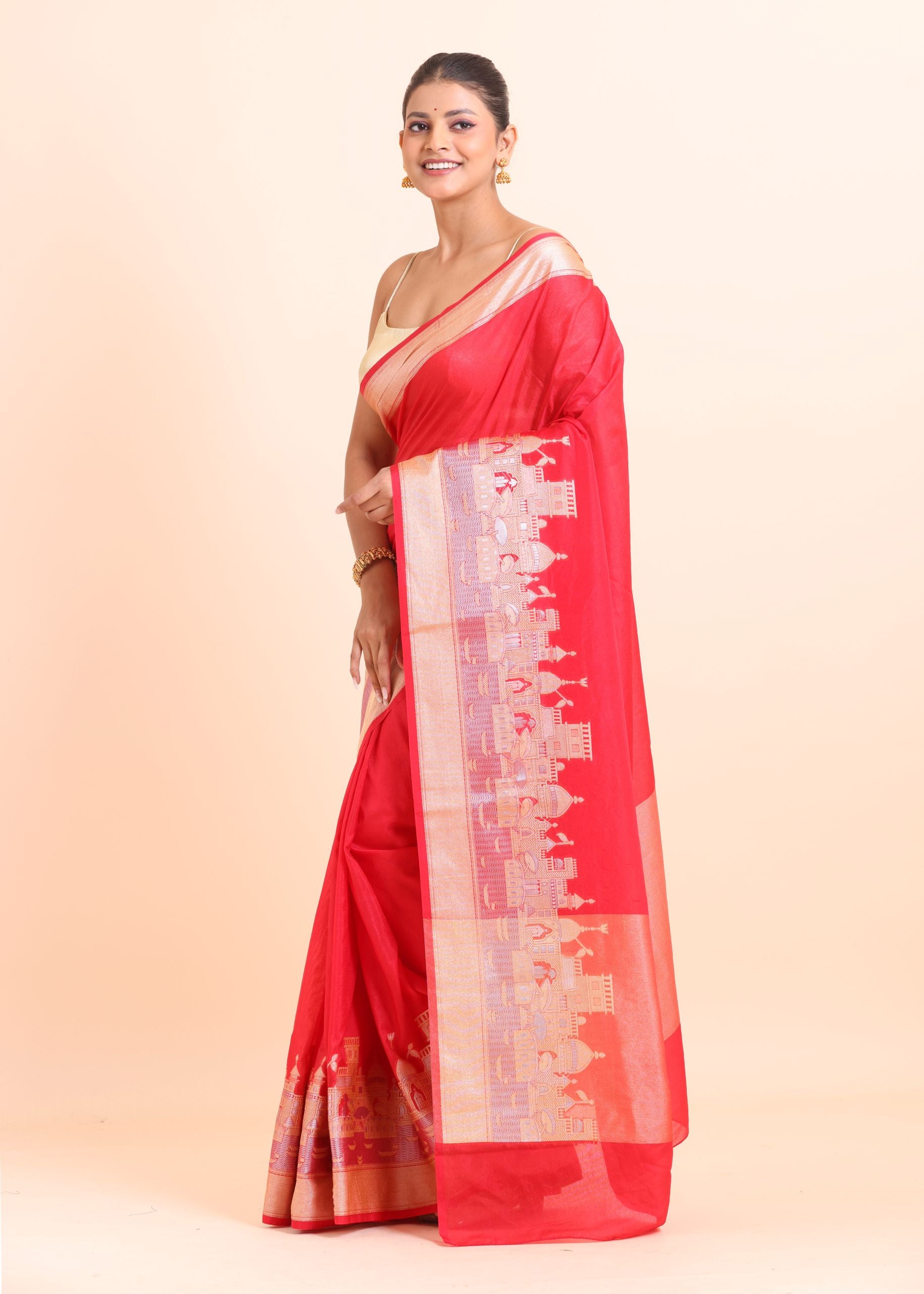 Red Soft Silk Saree With Golden Temple Border Side View