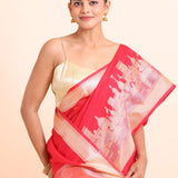 Red Soft Silk Saree With Golden Temple Border Close Up View