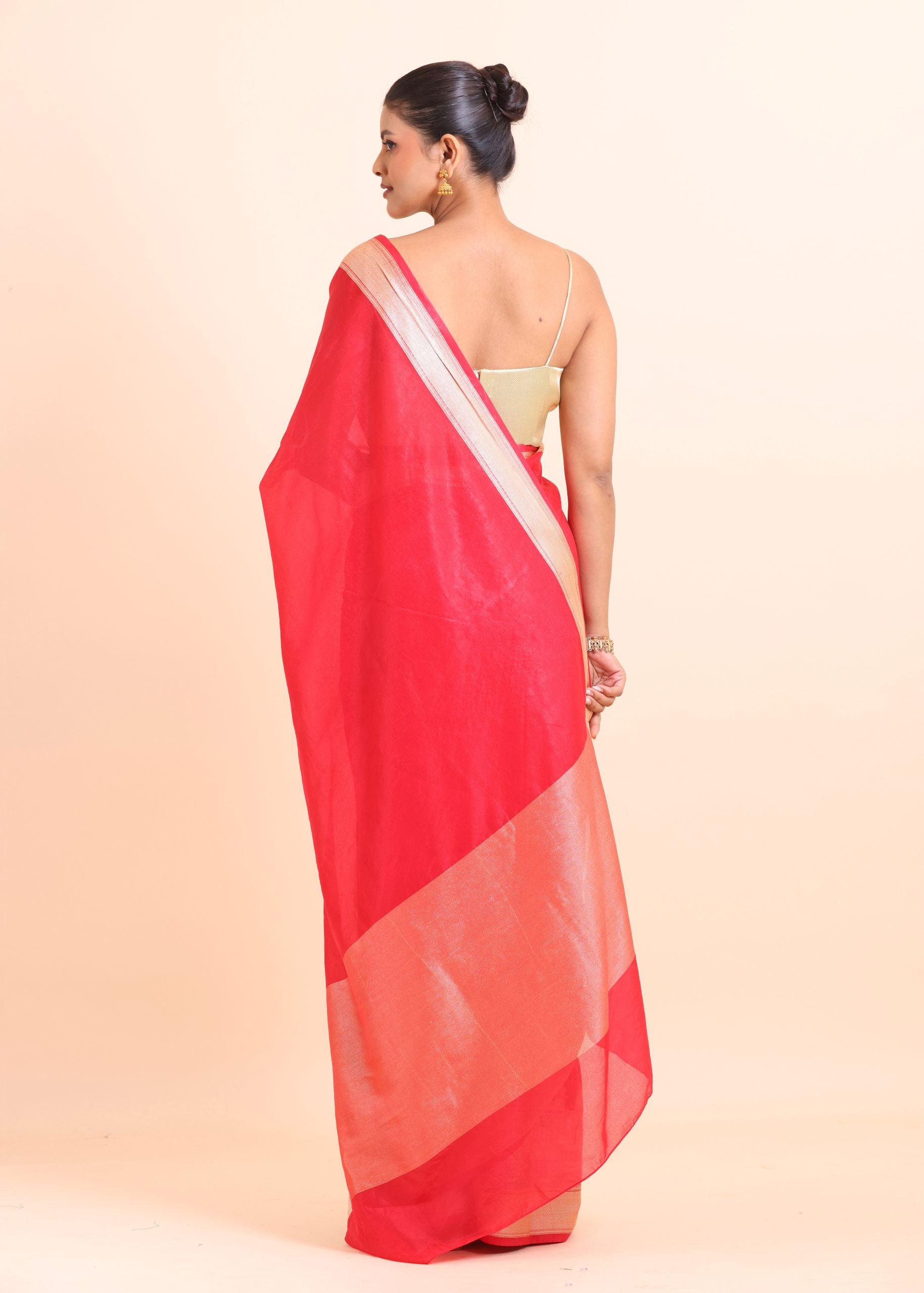 Red Soft Silk Saree With Golden Temple Border Back View
