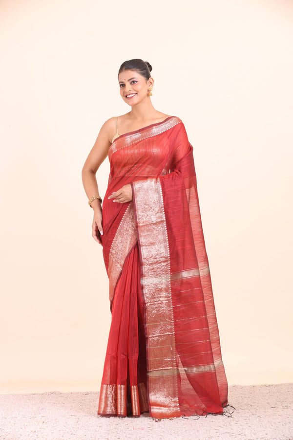 Red Soft Silk with Silver Border full