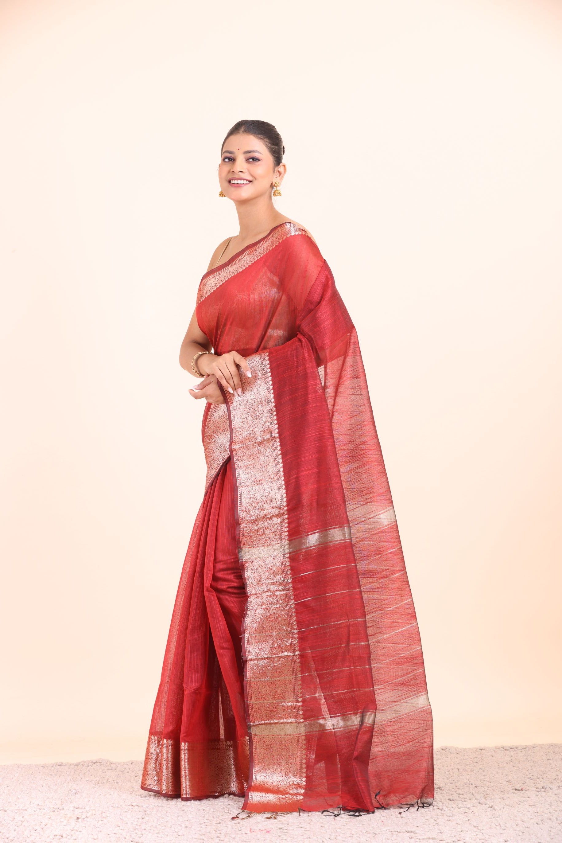Red Soft Silk with Silver Border front