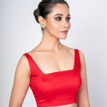 Red Square Neckline Sleeveless Blouse in Cotton Silk with Back Closer - Anvi Couture