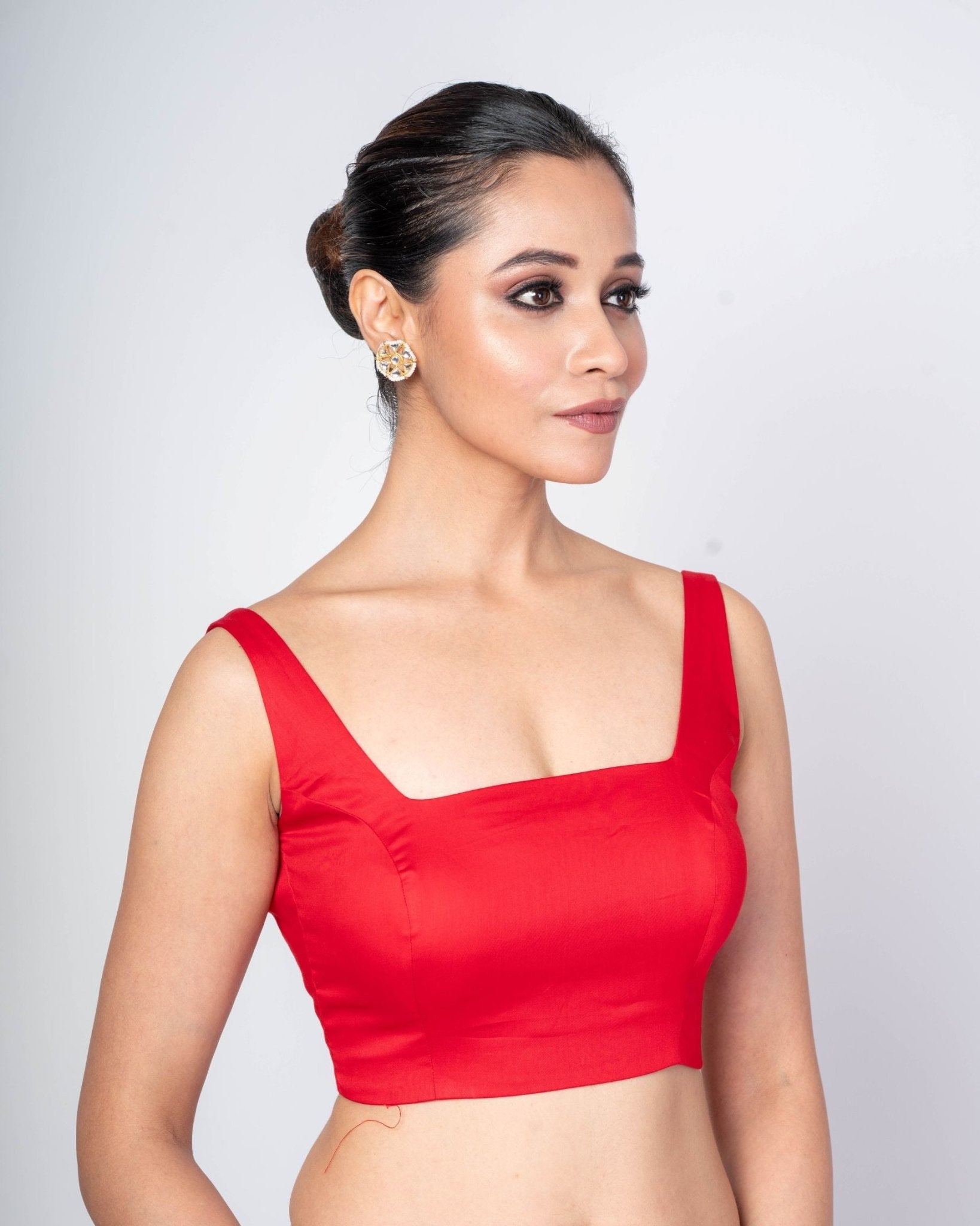 Red Square Neckline Sleeveless Blouse in Cotton Silk with Back Closer - Anvi Couture