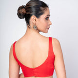 Red Square Neckline Sleeveless Blouse in Cotton Silk with Back Closer - Anvi Couture
