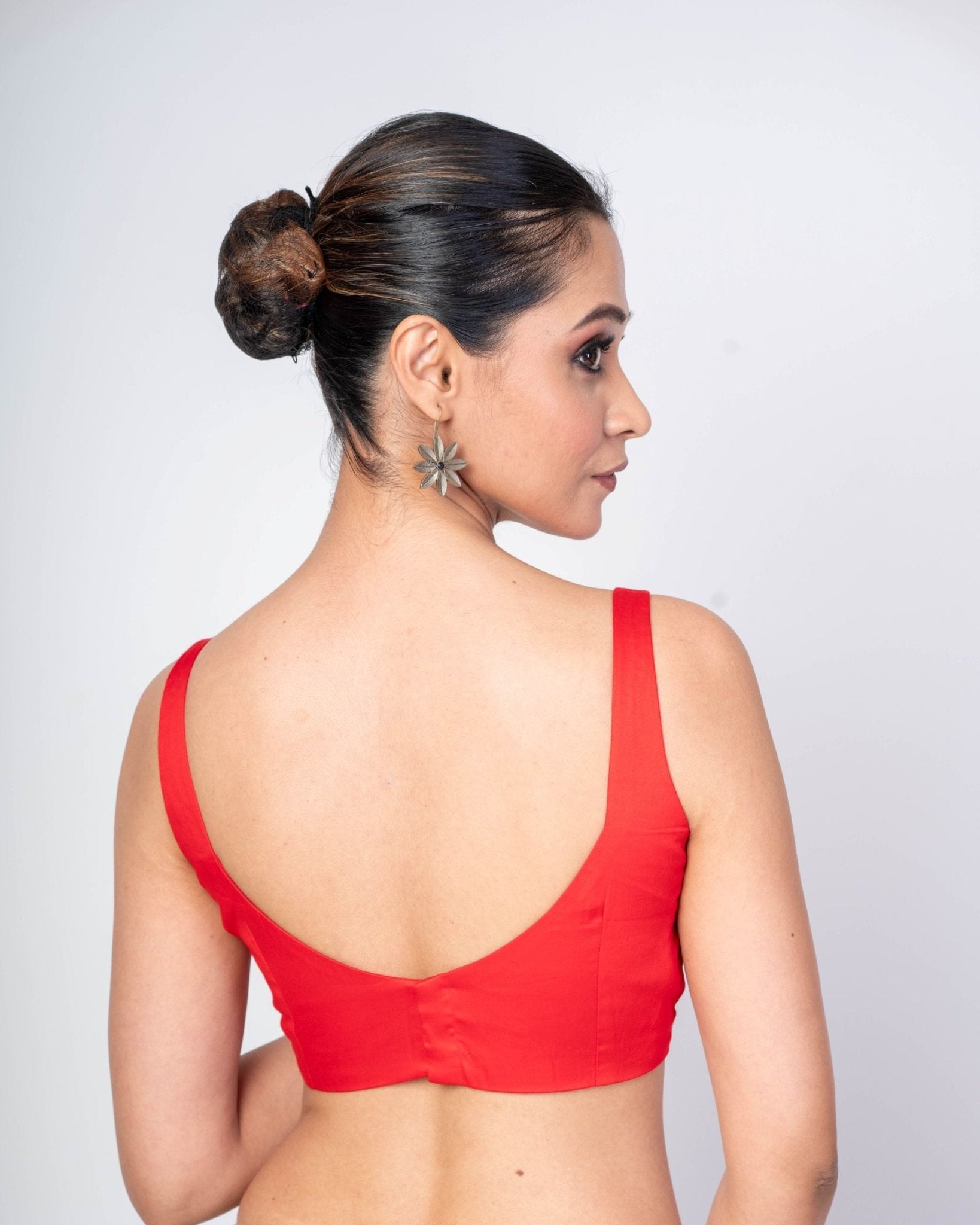 Red Square Neckline Sleeveless Blouse in Cotton Silk with Back Closer - Anvi Couture