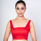 Red Square Neckline Sleeveless Blouse in Cotton Silk with Back Closer - Anvi Couture