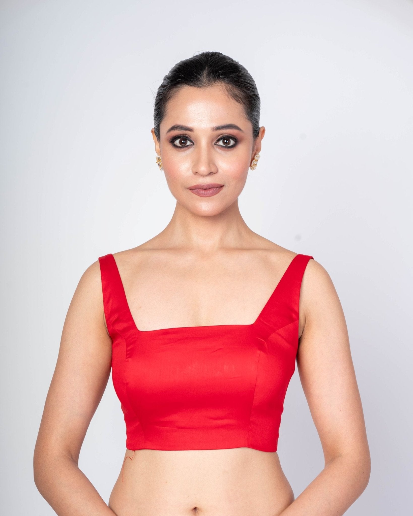 Red Square Neckline Sleeveless Blouse in Cotton Silk with Back Closer - Anvi Couture