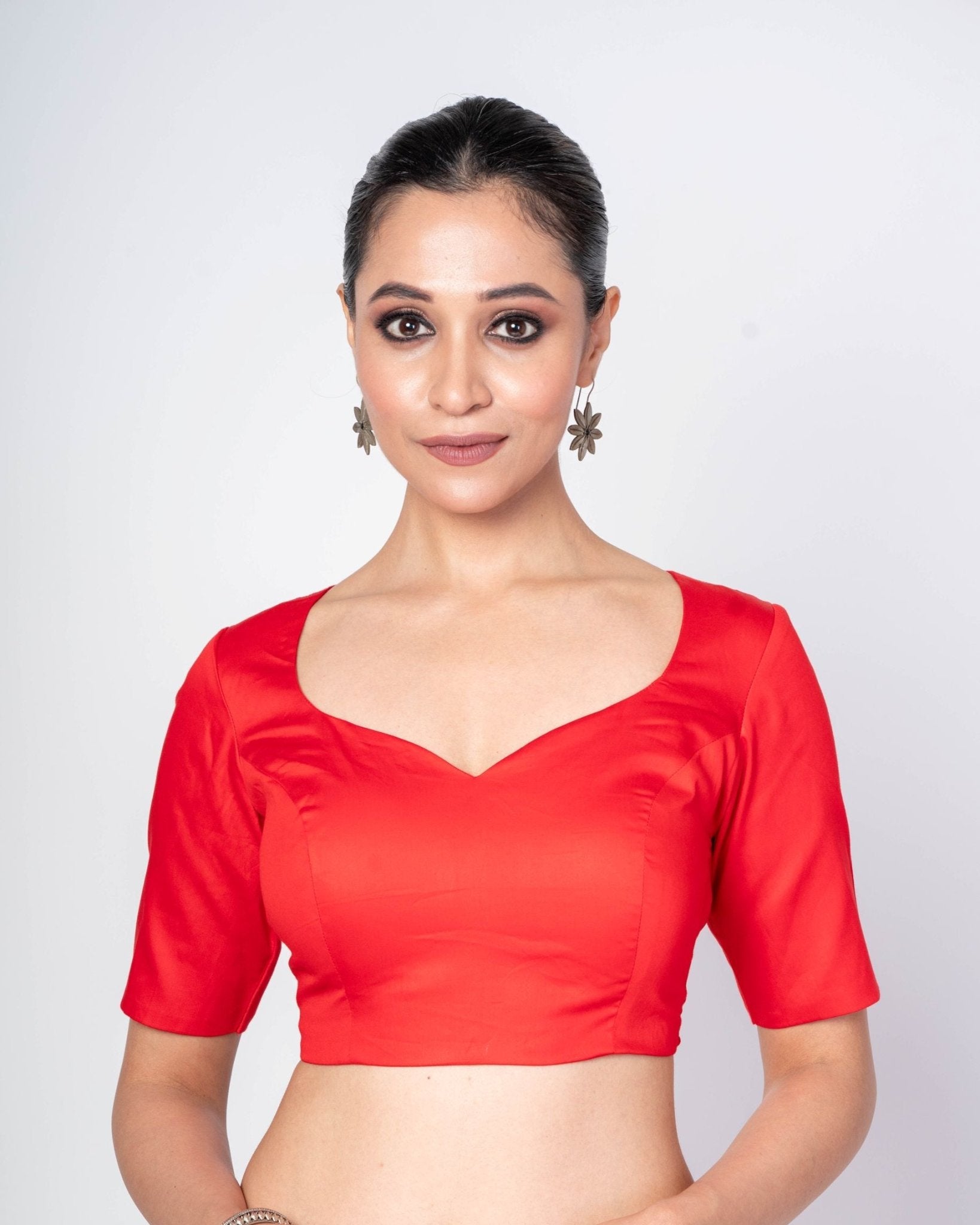 Red Sweetheart Neck Cotton Silk Blouse With Back Square Closure - Anvi Couture