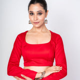 Red U-Neck Full Sleeve Cotton Silk Blouse with Round Back Closure 