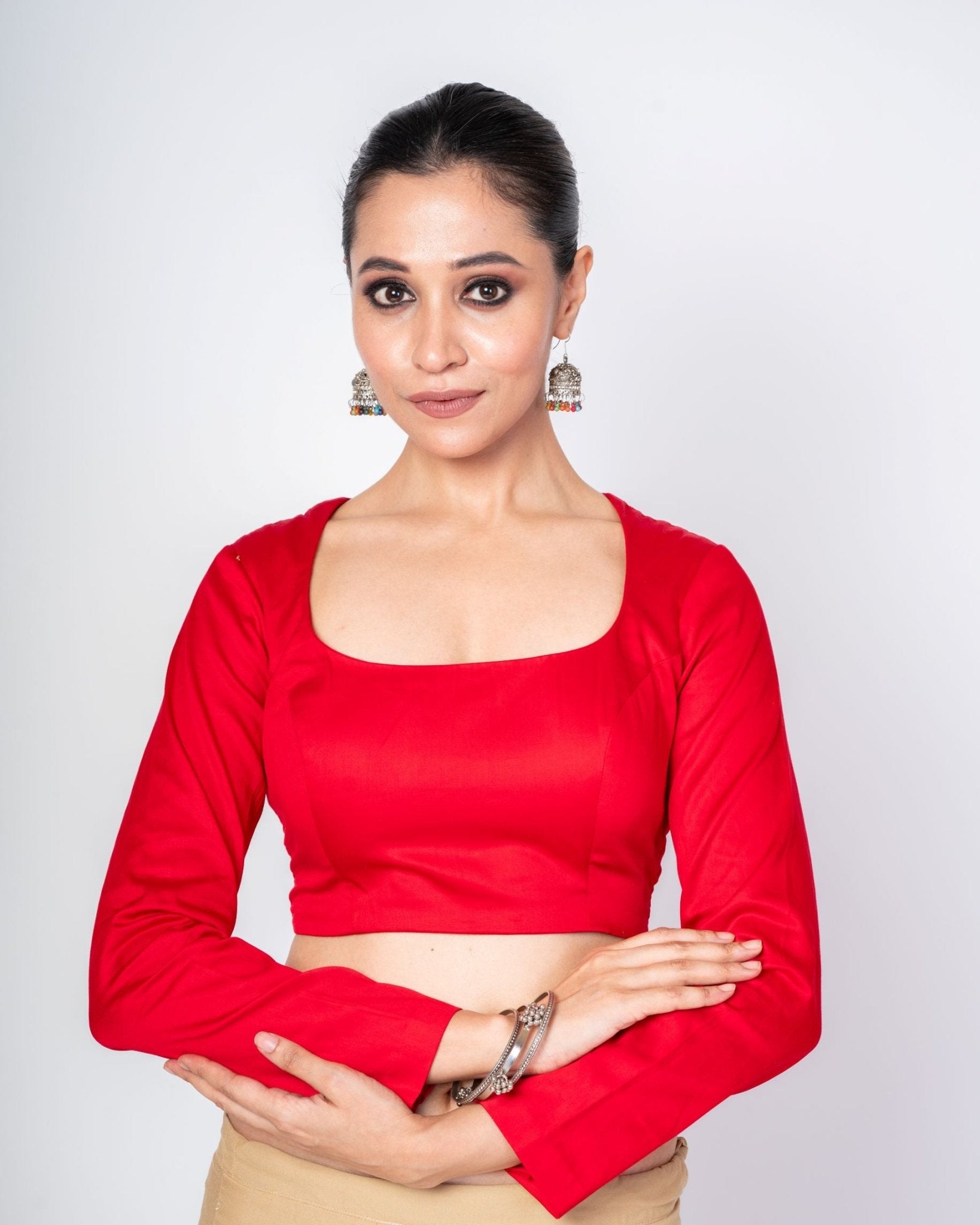 Red U-Neck Full Sleeve Cotton Silk Blouse with Round Back Closure 