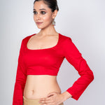 Red U - Neck Full Sleeve Cotton Silk Blouse with Round Back Closure for Saree