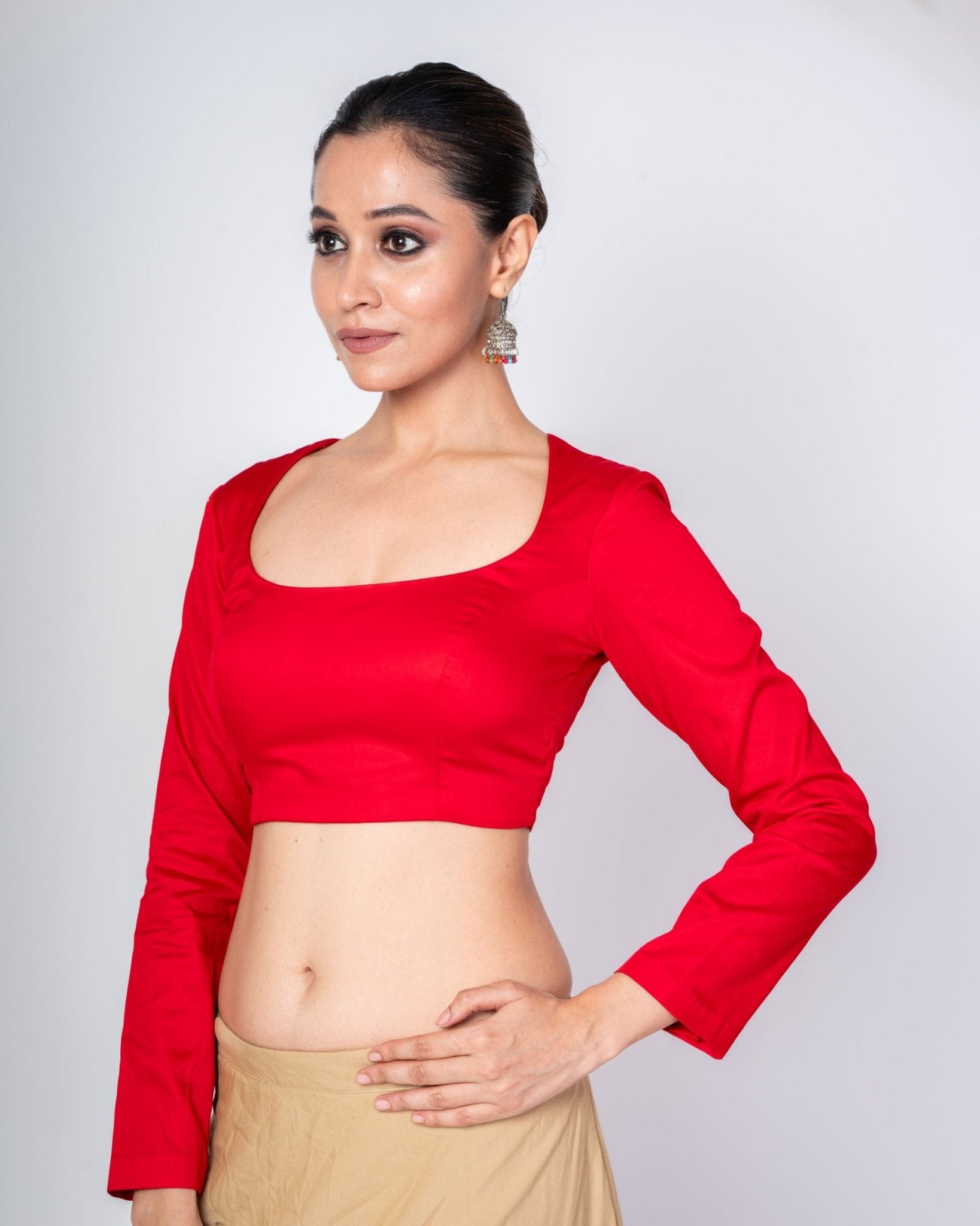 Red U - Neck Full Sleeve Cotton Silk Blouse with Round Back Closure for Saree