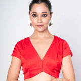 Red V Neck Front Closer Short Sleeve Blouse - Anvi Couture