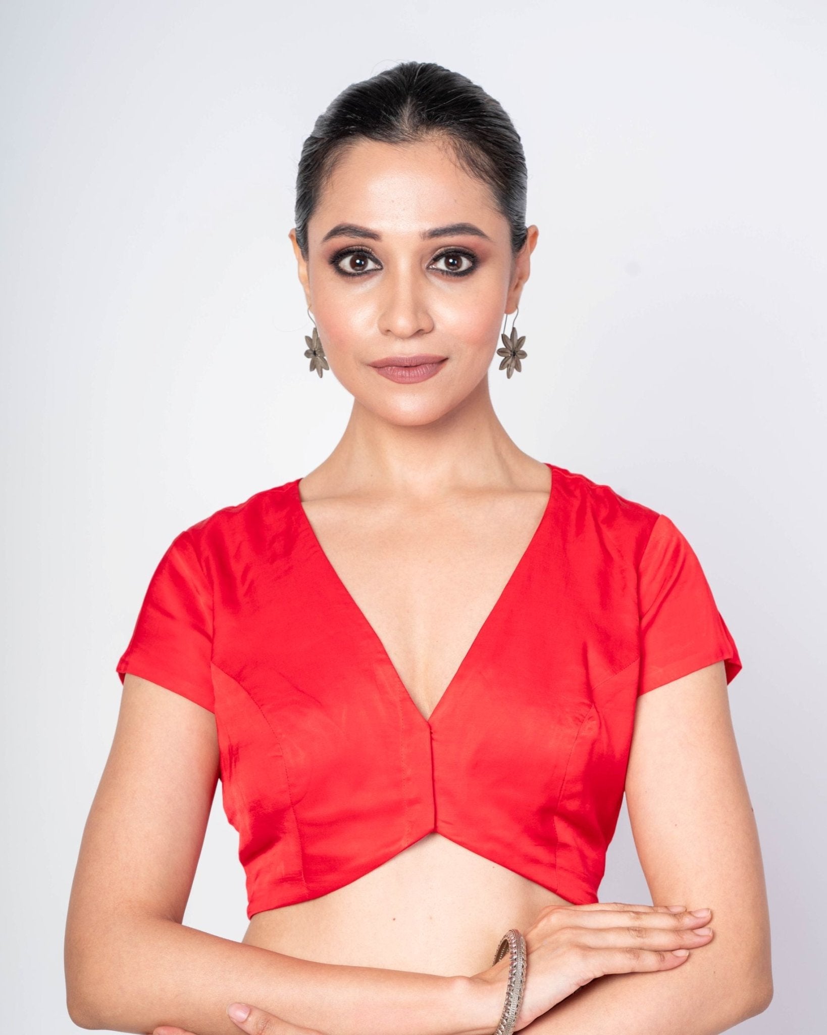 Red V Neck Front Closer Short Sleeve Blouse - Anvi Couture