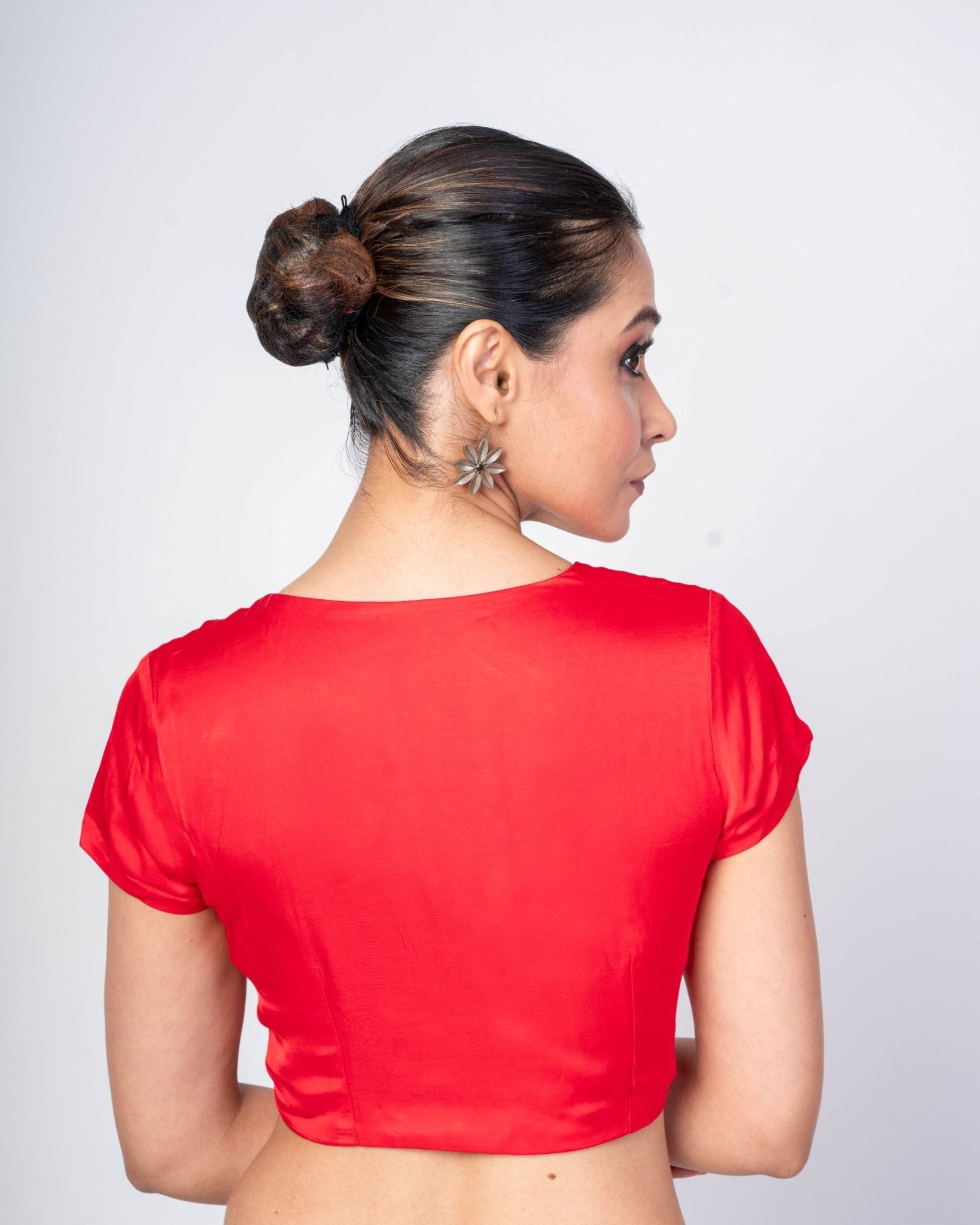 Red V Neck Front Closer Short Sleeve Blouse - Anvi Couture